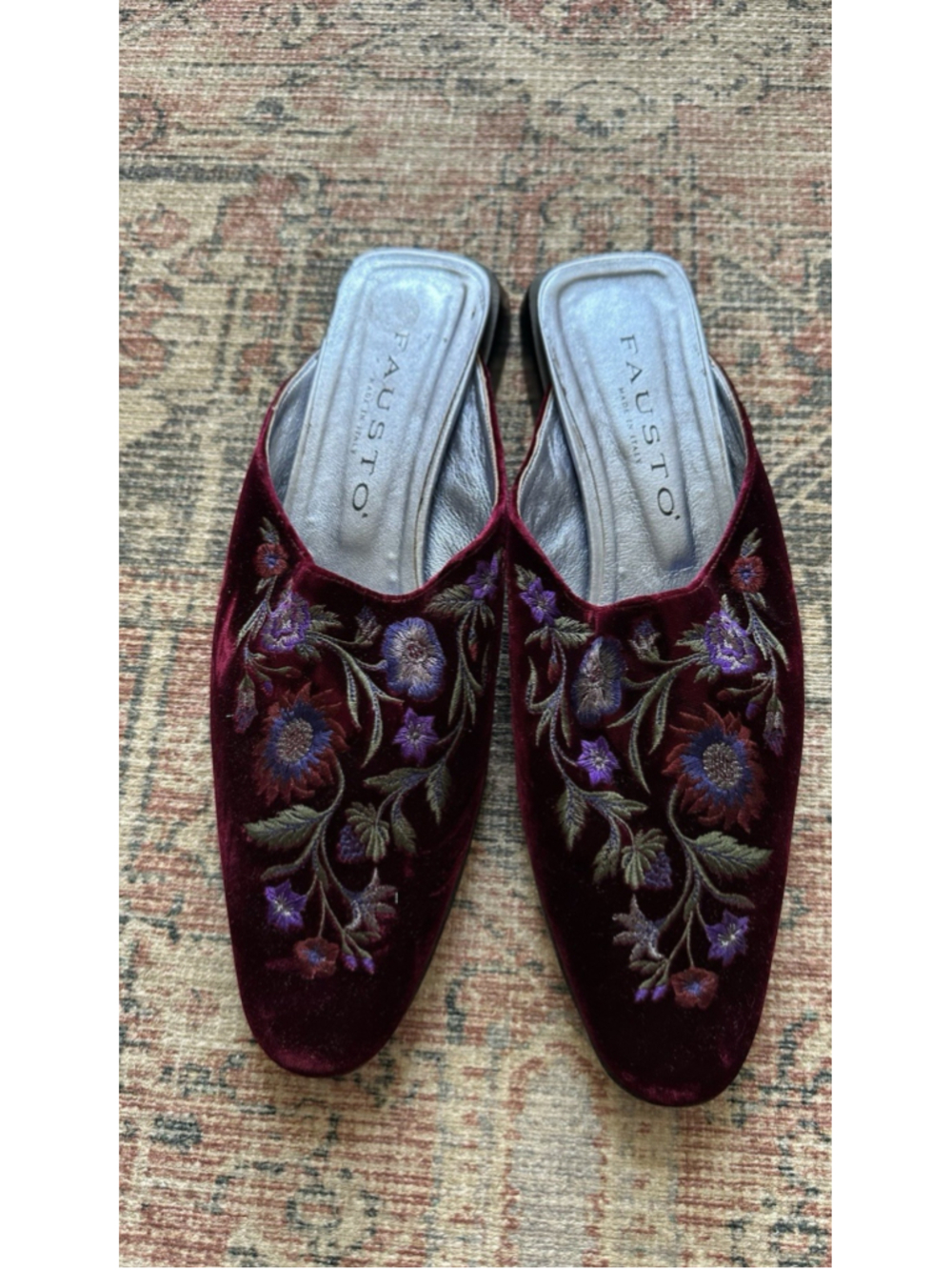 Moda Di Fausto Venice Italy Velvet Mules Shoes Embroidered Floral Slippers 41